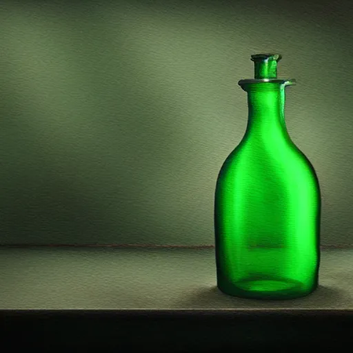 Prompt: a painting of a steampunk blue - ish light green potion bottle in a dark dusty vintage science lab, by h. r. giger, hyperrealistic fantasy art, concept matte, ethereal, dreamy, digital art, trending on artstation, volumetric cinematic lighting