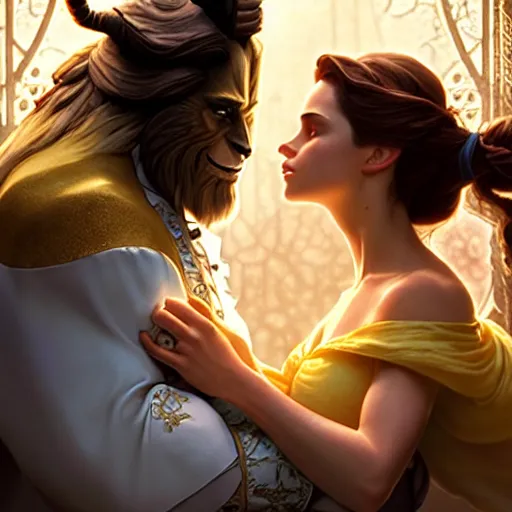 Image similar to belle beauty and the beast ; ultra realistic, concept art, intricate details, eerie, haunting, highly detailed, photorealistic, octane render, 8 k, unreal engine. art by artgerm and greg rutkowski and charlie bowater and magali villeneuve and alphonse mucha