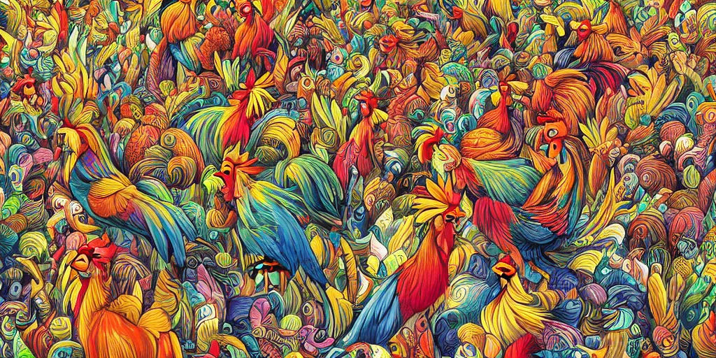 Prompt: colorful illustration of a million fighting roosters, mix of styles, abstract, surreal, intricate, highly detailed