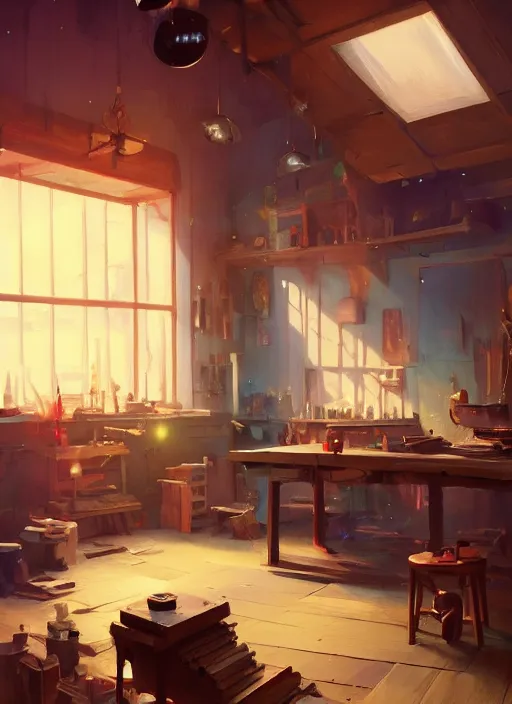 Image similar to beautiful interior of a woodworker shop, james gilleard, delphin enjolras, goro fujita, makoto shinkai, paul lehr, volumetric lighting, octane render, very coherent, trending on artstation