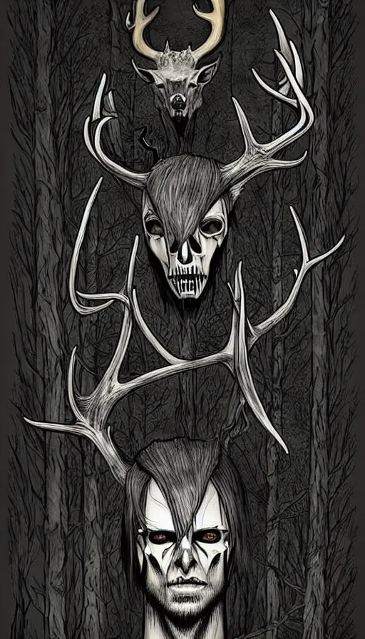 Image similar to Style Tim Jacobus and Rafael Albuquerque:: Wendigo with long antlers, deer face skeletal, symmetrical face, yellow eyes, fully detailed face:: attacking a woman in the woods:: night time, full mood, fog, realistic, scary, horror, full body