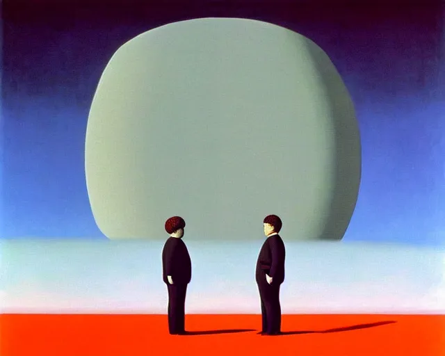 Image similar to a Magritte painting of 2001 a Space Odyssey by Stanley Kubrick