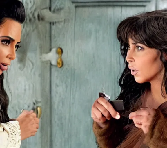 Prompt: a movie still of kim kardashian speaking to hagrid in the movie harry potter