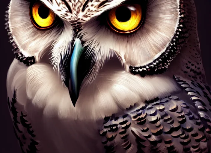 Image similar to portrait of an owl, highly detailed, d & d, fantasy, highly detailed, digital painting, trending on artstation, concept art, sharp focus, illustration, global illumination, ray tracing, realistic shaded, art by artgerm and greg rutkowski and fuji choko and viktoria gavrilenko and hoang lap