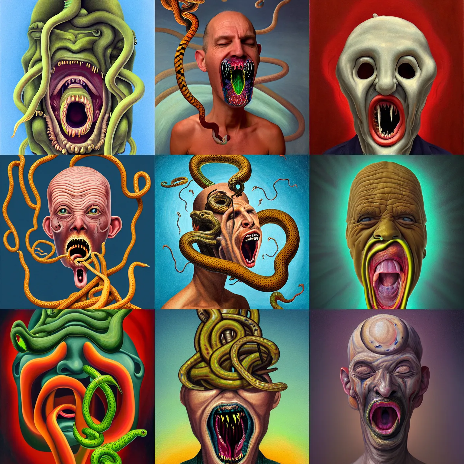 Prompt: a painting of a disembodied screaming man's face with snakes coming out of his ears | eyes | nose | and mouth, a surrealist painting, polycount, behance, surrealism, surrealist, lovecraftian, cosmic horror, grotesque