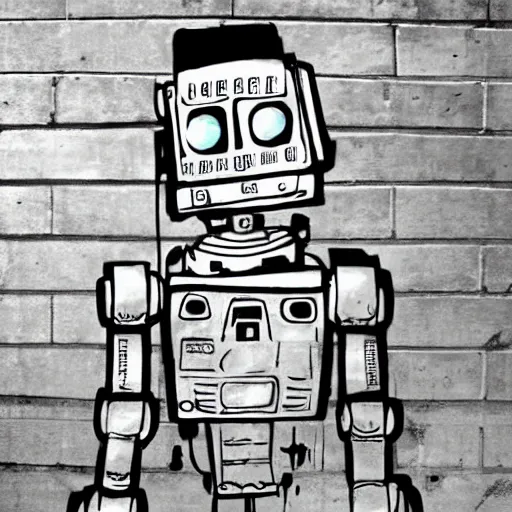 Image similar to chappie robot color graffiti, black and white zef design graffiti covering the wall behind, dark lighting, digital art