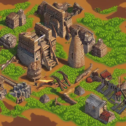 Prompt: isometric map of age of empires video game website , procedural, Travian, AOE2 , civilization, river, forest, cave, mountain, woods, hills, buildings, Insane Details, Digital Art, Epic Atmosphere, Extremely Detailed