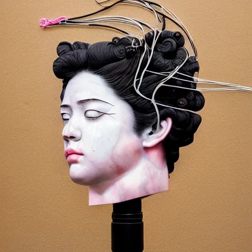 Prompt: Sandra Chevrier, floating vaporwave marble head bust, award winning masterpiece with incredible details, Zhang Kechun, a surreal vaporwave vaporwave vaporwave vaporwave vaporwave painting by Thomas Cole of a floating old pink mannequin head with cables and wires coming out of it's neck, sinking underwater, highly detailed