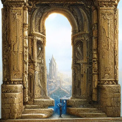 Prompt: carved futuristic door at the end of ancient ornate steps shows a large window to a city detailing the vast architectural scientific ancient and cultural acheivements of humankind, magical atmosphere, renato muccillo, jorge jacinto, andreas rocha, damian kryzwonos, ede laszlo, christian reiske, highly detailed digital art, cinematic blue and gold