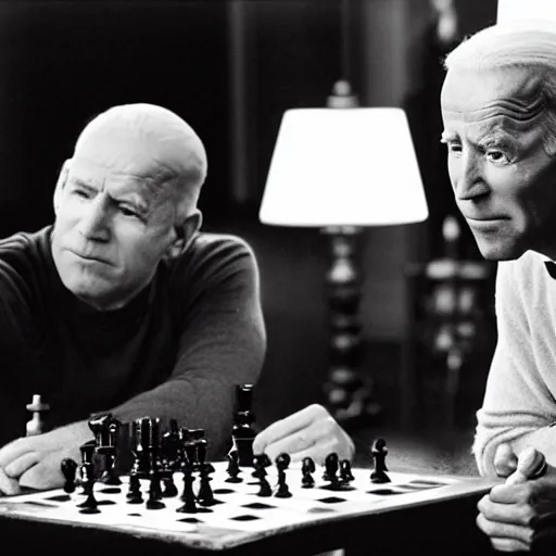 Prompt: joe biden playing chess against a clone of himself joe biden, black and white film, joe biden in the seventh seal