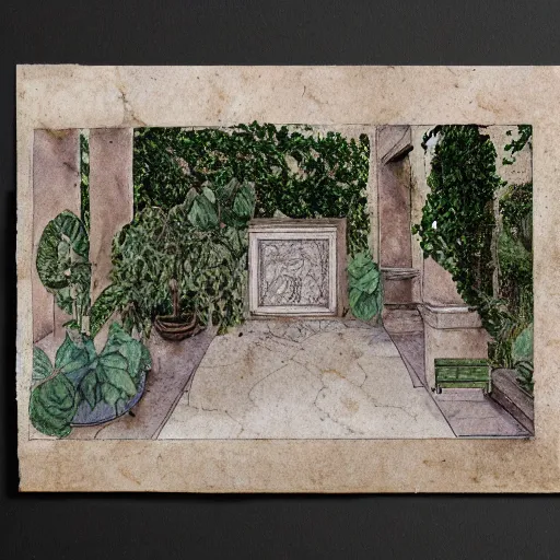 Image similar to delicate marble in a garden, stony, puffy, botanical herbarium paper, botanic, watercolor colored painting, pencil, iridescent colors, 8 k, realistic shaded, fine details, artstation, italian, colonnade, hydrangea, vines, gardena architecture, pompeii