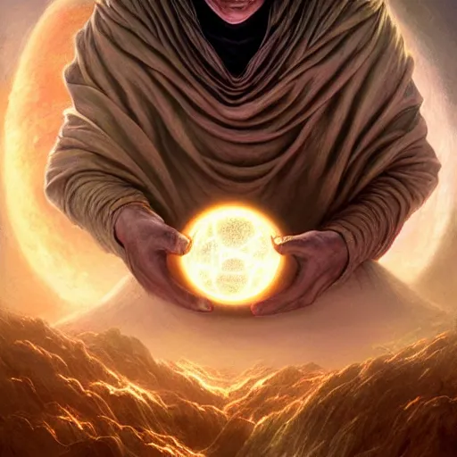 Image similar to the creator of worlds wearing a cloak and holding a holographic planet projection in his hand, detailed, sci - fi, digital painting, artstation, sharp focus, illustration, ominous, artgerm, tomasz alen kopera, peter mohrbacher, donato giancola, joseph christian leyendecker, wlop, frank frazetta