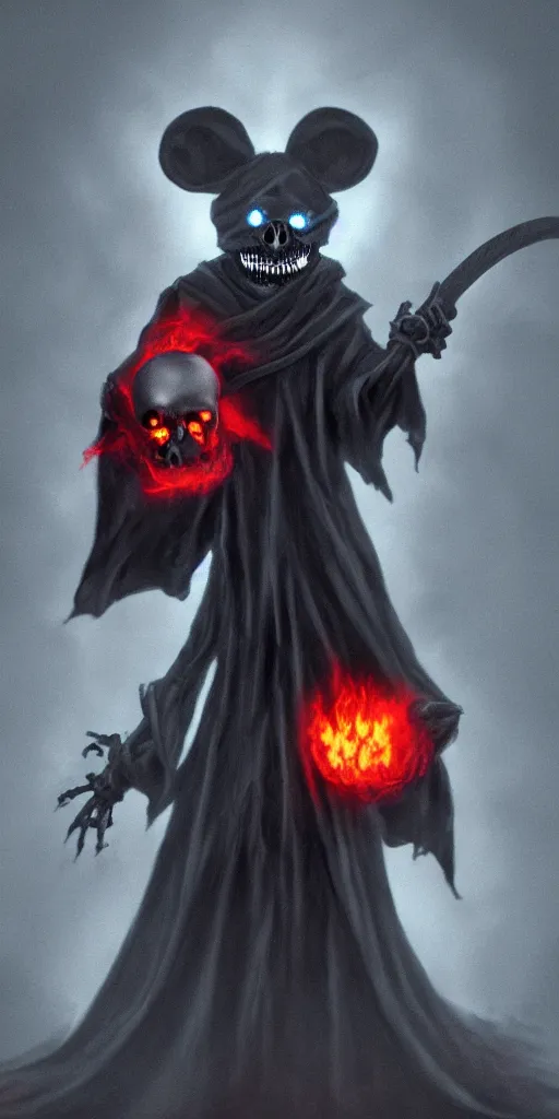 Image similar to a ghostly anthropomorphic rat with skull face and glowing red eyes wearing black tattered robes and holding two blue flames, grim reaper except a rat, photorealistic, artstation