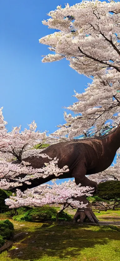 Image similar to “ a portrait photo of tyrannosaurus at a sakura tree, side shot, by shunji dodo, 8 k resolution, high quality ”