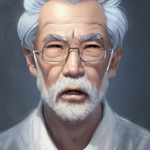 Image similar to anime portrait of a middle aged man, gray hair by Stanley Artgerm Lau, WLOP, Rossdraws, James Jean, Andrei Riabovitchev, Marc Simonetti, and Sakimichan, trending on artstation