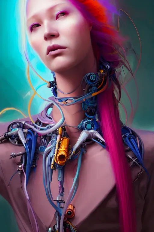 Image similar to a portrait of a beautiful young 28th century super cool post-human female wiht long colorful hair, barely human and largely biomechanical machine, hyper-realistic cyberpunk style, designs by Peter Mohrbacher Takayuki Takeya moody, face by Yanjun Cheng, Irakli Nadar, models by 500px, dramatic cinematic lighting rendered by octane, 8k, detailed, intricate, clean and textures, trending on artstation, deviantart google images, pinterest