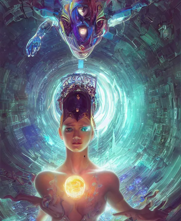 Image similar to a whirlwind of souls rushing inside the metaverse, half body, glowin eyes, tiara with sapphire, pharaoh, android, cyberpunk, d & d, fantasy, intricate, elegant, highly detailed, colorful, vivid color, digital painting, artstation, concept art, art by artgerm and greg rutkowski and alphonse mucha and ruan jia