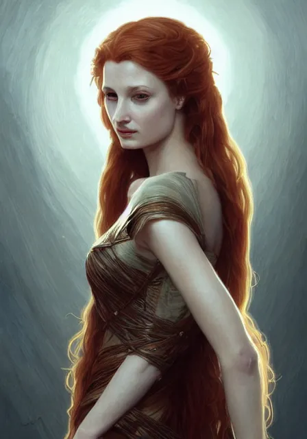 Prompt: sansa old mummy angeline jolie gessica chastain, intricate, elegant, highly detailed, digital painting, artstation, concept art, smooth, sharp focus, illustration, art by artgerm and greg rutkowski and alphonse mucha and william - adolphe bouguereau