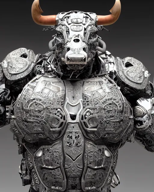 Image similar to a full body shot of an imposing cyborg bull modeled after a bull looking into the camera, contrast lighting, black skin!!!, intricate pattern, hard rubber chest, highly detailed, android, cyborg, full body shot, intricate, 3 d, symmetrical, octane render, fantasy, highly detailed, digital art, artstation, strong bokeh, black face