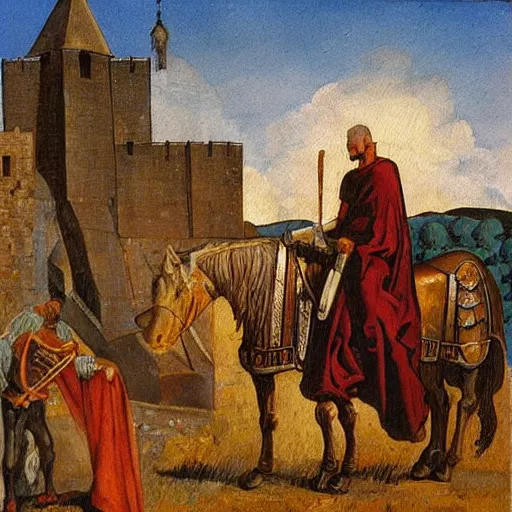 Prompt: Oil Painting, Medieval Knight and Monk and Farmer and Thief outside the walls of Carcassonne n -9