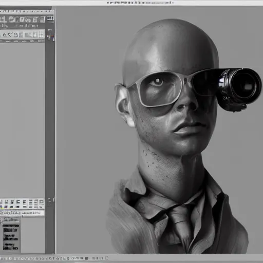 Image similar to a man with a camera attached to his head, a computer rendering by pascal blanche, featured on zbrush central, les automatistes, 8 k 3 d, dslr camera, rendered in cinema 4 d