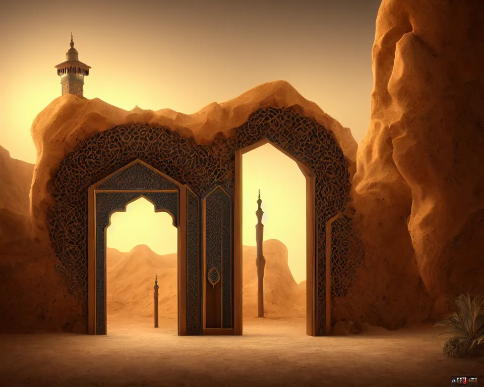 Image similar to an islamic style ornamental gate in the desert opens into an other dimension with different alien landscape. ornament, intarsia, portal, doorway, dynamic lighting, ambient lighting, atmospherical, photorealistic fantasy concept art, trending on art station, stunning visuals, creative, cinematic, ultra detailed