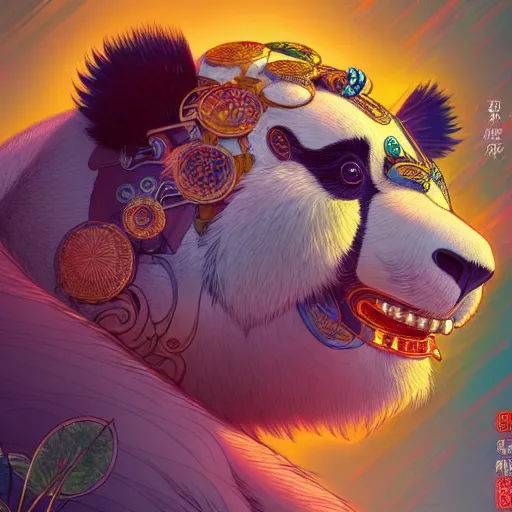 Image similar to a beautiful hyperdetailed character design 4 k wallpaper illustration of a cute panda with a chinese lion dance head victo ngai cyberpunk style, from china, style of studio ghibli, makoto shinkai, raphael lacoste, louis comfort tiffany, artgerm, james jean, ross tran, chinese style