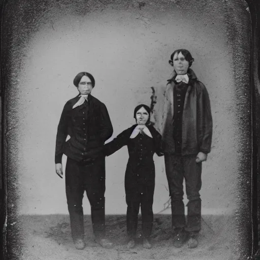 Prompt: Creepy cursed daguerreotype portrait photo of a 1800's family standing in front of house, alien abduction. Hyperrealism. Weirdcore