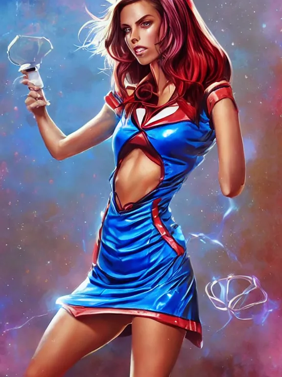 Prompt: full body ultra realistic air spray Adriana Chechik is a teenage witch in red and blue cheerleader uniform, mini skirt, magic overlays, sexy, generous cleavage open jacket, mystique, D&D, fantasy illustration, highly detailed, digital art, intricate, high detailed, painted by artgerm, guweiz, artstation, digital painting, character design, trending on artstation, smooth, sharp focus