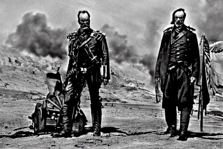 Prompt: William Tecumseh Sherman and Abraham Lincoln in the movie Mad Max Road Warrior, screenshot, cinematic Eastman 5384 film