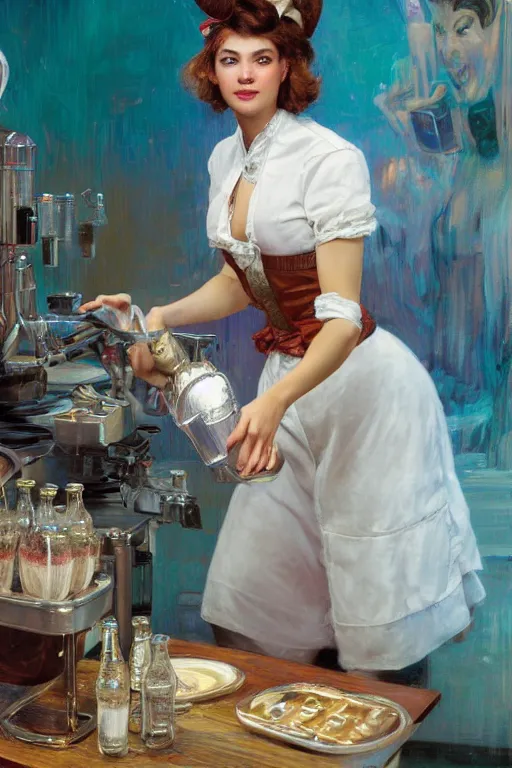 Prompt: a female anthro wolf serving milkshakes as a waitress, 5 0's diner, 4 k, furaffinity, trending on artstation, very expressive face, by gaston bussiere, craig mullins, sakimichan, gustav klimt, artgerm, greg rutkowski, alphonse mucha