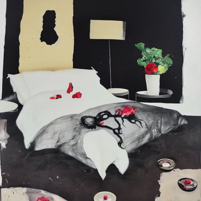 Image similar to bedroom with black walls and a futon, sensual portrait of a woman sleeping, cracked handmade pottery vase, torn paper smouldering smoke, candles, white flowers on the floor, puddle of water, octopus, squashed berries, surrealism, acrylic and spray paint and oilstick on canvas