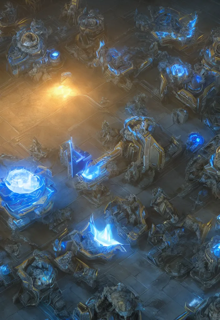 Image similar to protoss base with units warping from the gate, realistic, soft natural volumetric lighting, beautifully detailed 4 k octane render, 4 k post processing 8 k