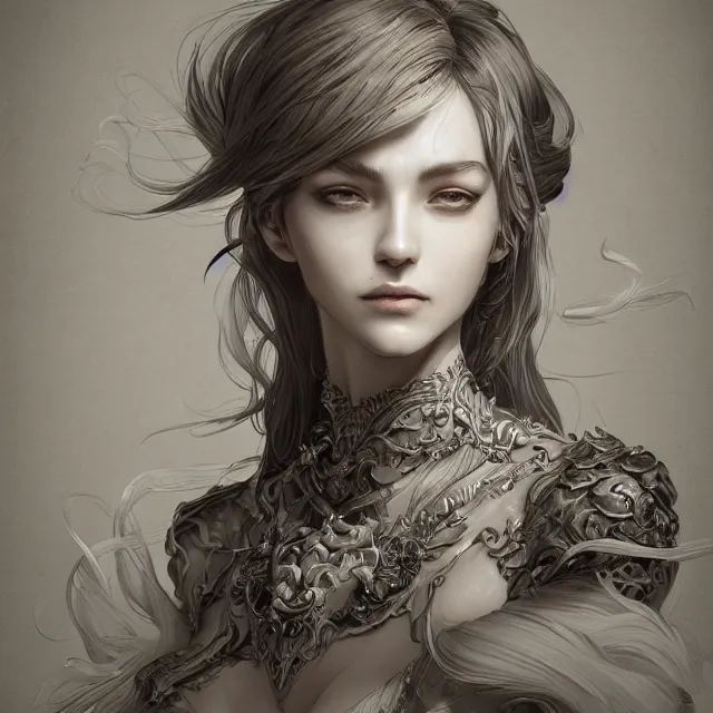 Prompt: a portrait of a lawful evil alignment personified as an absurdly beautiful, graceful, elegant, sophisticated, evil sensual young woman, an ultrafine hyperdetailed illustration by kim jung gi, irakli nadar, detailed faces, intricate linework, octopath traveler, final fantasy, unreal engine 5 highly rendered, global illumination, radiant light, detailed and intricate environment