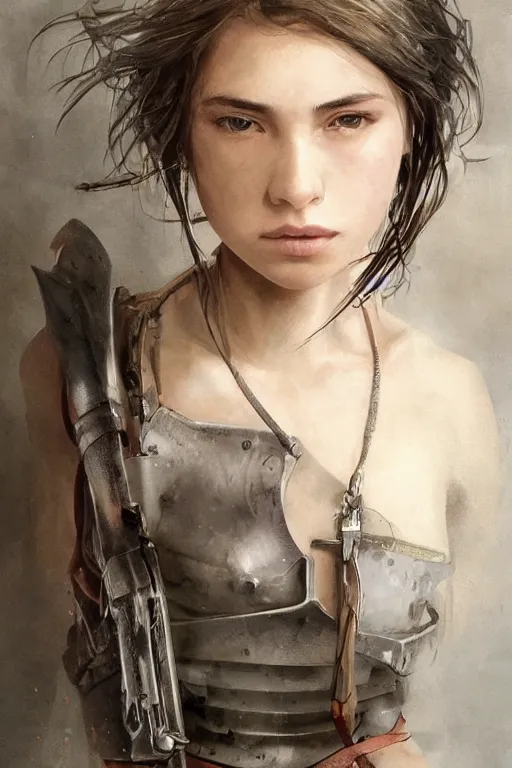 Image similar to a photorealistic painting of an attractive young girl, partially clothed in battle armor, olive skin, long dark hair, beautiful bone structure, symmetrical face, perfect eyes, intricate, elegant, digital painting, concept art, illustration, sharp focus, minimal artifacts, from Metal Gear, in the style of Ruan Jia and Mandy Jurgens, by Greg Rutkowski, trending on Artstation, award winning