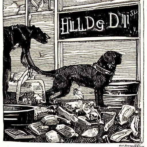 Image similar to blue woodcut print cartoon, hills science diet dog food at midnight by greg rutkowski, fine details, highly detailed