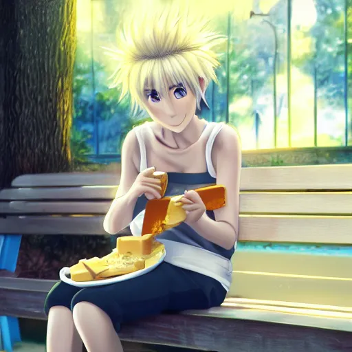 Image similar to anime cartoon of miley cyrus sat on a bench eating cheese, hyperrealism, award winning, stunning, trending on art station, highly detailed, cinematic lighting, 8 k, hd