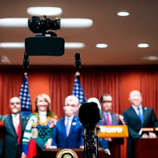 Image similar to a fox animal dressed in a suit giving a presidential press conference, 8 5 mm f / 1. 4