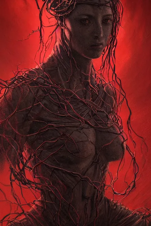 Prompt: realistic portrait beautiful detailed matte painting of cinematic movie scene a mummy, tentacles, black and red, thorns, vines, horror, created by gustave dore and greg rutkowski, high detailed, smooth draw, synthwave neon retro, intricate, realistic proportions, dramatic lighting, trending on artstation.