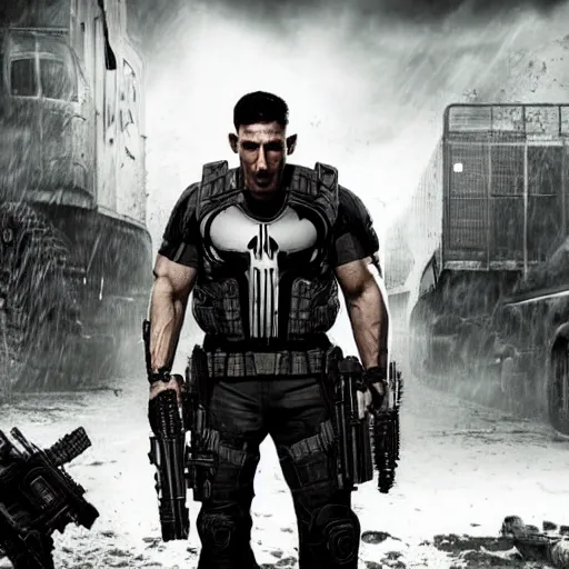 Prompt: Movie still ((the punisher)) in Gears of War, splash art, movie still, detailed face, photorealistic facial features, cinematic lighting, dramatic, octane render, long lens, shallow depth of field, bokeh, anamorphic lens flare, 8k, hyper detailed, 35mm film grain