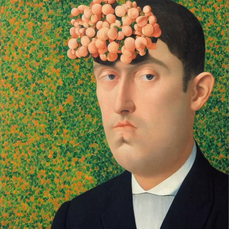 Image similar to portrait of a man, beautiful flowers replaced his head, by rene magritte, detailed painting, hd, hq, high resolution, high detail, 4 k, 8 k