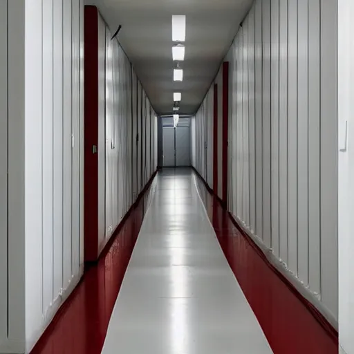 Image similar to a very long featureless white hallway with a single red door at the end, liminal space,