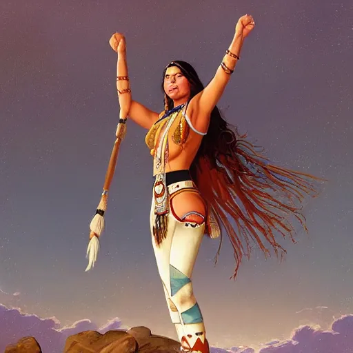 Prompt: full body portrait of young native american woman standing on rock, triumphant, looking up skywards, clothed, norman rockwell, logan maxwell, ryan pancoast, artstation fantasy character