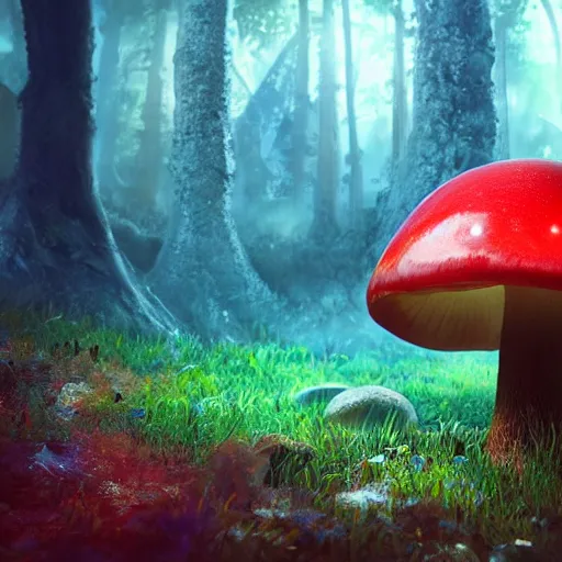 Prompt: dragon in a bright glowing mushroom forest uhd ultra realistic ray traced 4 k highly detailed sharp lines dramatic lighting artstation trending