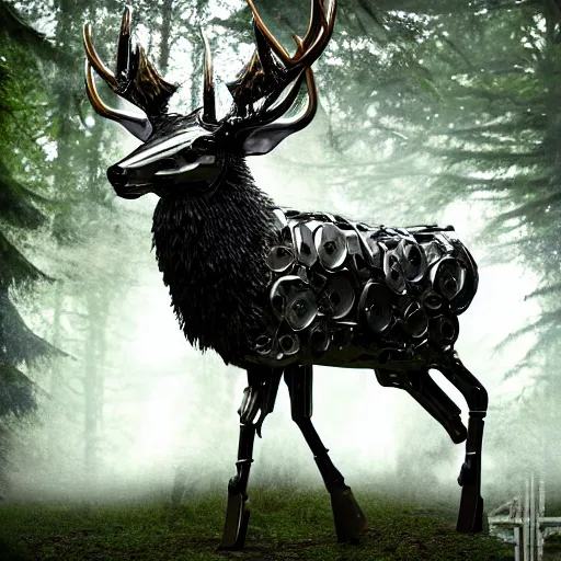 Image similar to chrome stag made of corvette parts in a lush forest :: moody, ornate, dynamic, particulate, intricate, elegant, highly detailed, centered, artstation, smooth, sharp focus, octane render