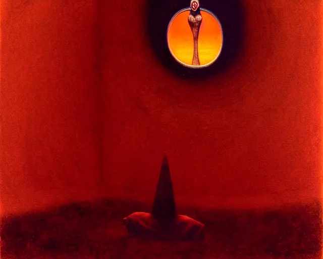 Image similar to lamprey by francis bacon, beksinski, mystical redscale photography evocative. devotion to the scarlet woman in her cathedral, priestess in a conical hat, coronation, ritual, sacrament