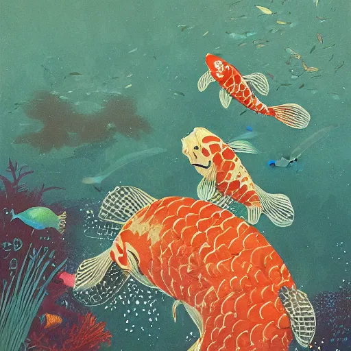 Image similar to giant koi carper in a magical underwater world, little boy sitting on his back oil painting victo ngai