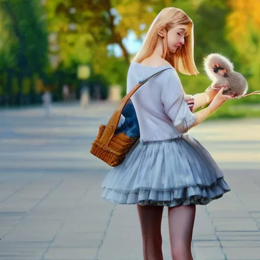 Image similar to a impressionist painting of a cute blonde girl walking on a sunny day, carrying a handbag with a cute pet mouse in it, the grey mouse is peeking out of the handbag. Trending on artstation, wide angle, ultra HD, stunning 8k resolution