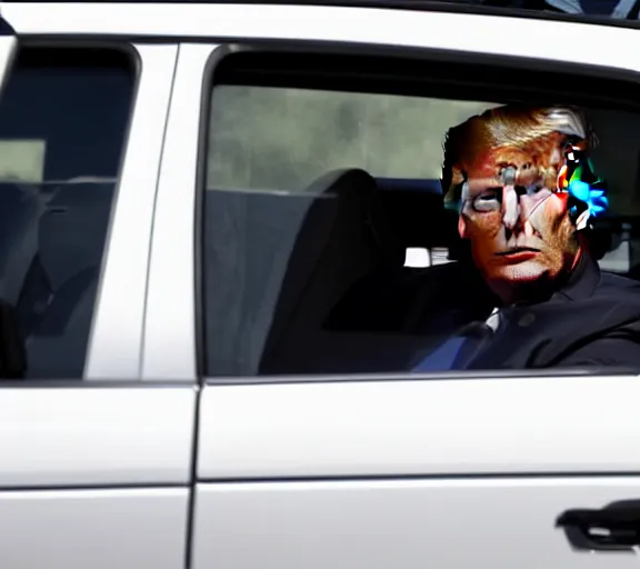 Prompt: highly detailed face shot of donald trump driving white suv, freeway, police cars, ap news photo