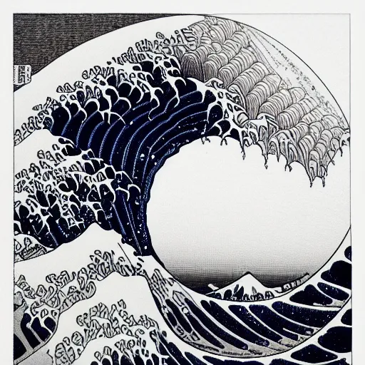 Image similar to ocean swells by Moebius, black and white, fine lines, hyper detailed, hokusai